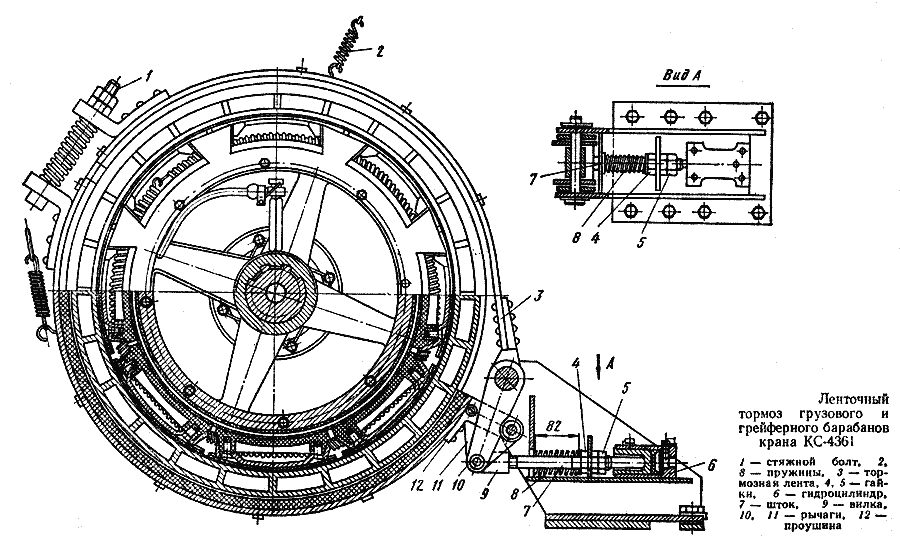 Ленточный тормоз грузового и грейферного барабанов - Кран КС-4361А